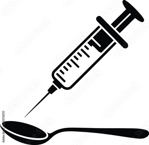 Black and white illustration of a syringe and spoon