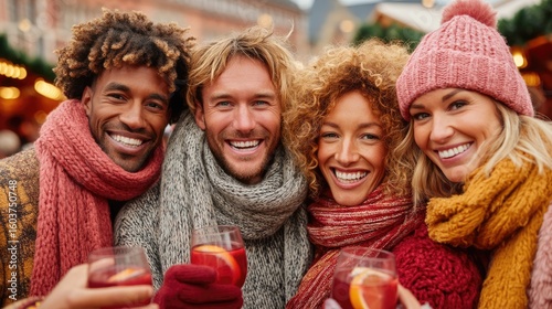Four friends enjoying drinks at a festive outdoor gathering.