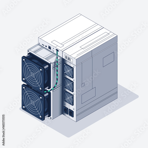 Big Bitcoin Miner. Application Specific Integrated Circuit. Antminer isometric view. Cryptocurrency mining equipment and hardware isolated on white. Vector Illustration