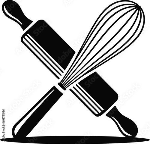 Black and white illustration of a crossed rolling pin and whisk