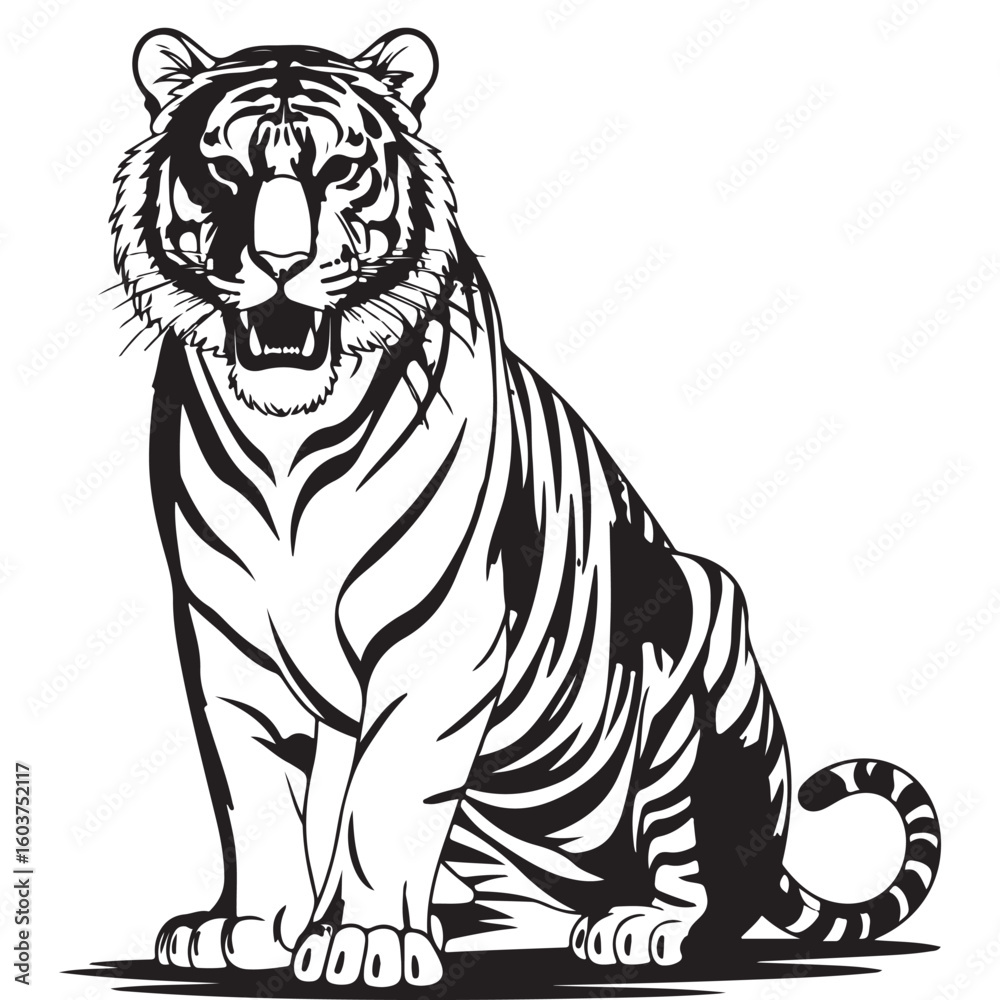 Obraz premium Tiger vector illustration on white background showing wild feline head with black stripes and detailed fur