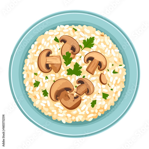 Illustrated bowl of creamy risotto with sliced brown mushrooms and fresh parsley.