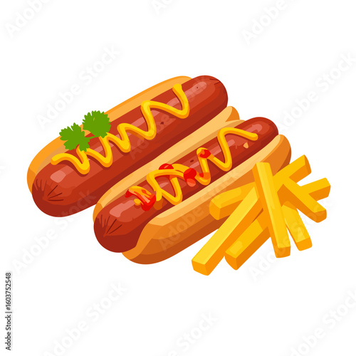 Two classic hot dogs in buns with mustard and ketchup, garnished with parsley, served with golden french fries.