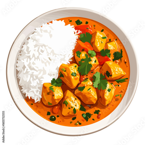 Top-down view of a vibrant orange chicken curry with fluffy white rice and fresh cilantro garnish in a white bowl.