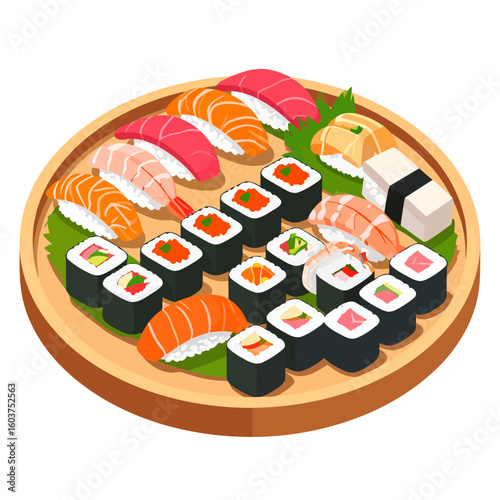 Colorful Japanese sushi platter illustration with salmon, tuna, shrimp nigiri, and maki rolls.