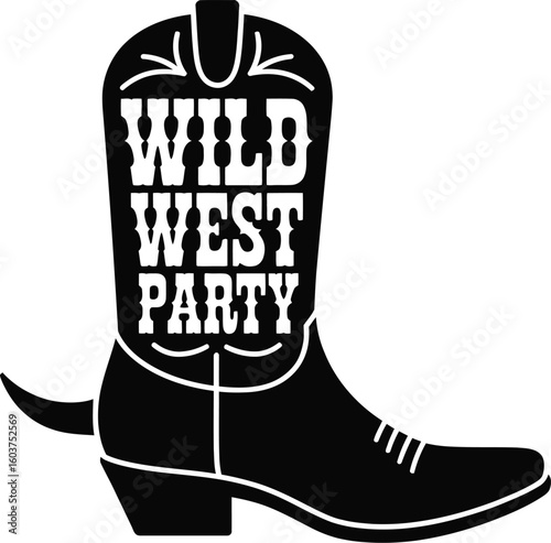 Black and White Cowboy Boot Silhouette with Wild West Party Text Perfect for Western Themed Events Rodeos Parties and Celebrations Vector Illustration