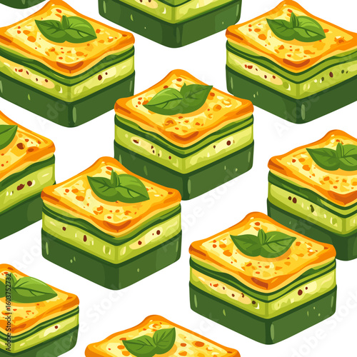 Isometric illustration of a square green lasagna portion with a cheesy top and fresh basil garnish.
