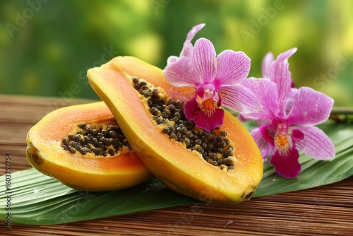 Wallpaper Mural Fresh papaya on banana leaf with tropical bamboo background Torontodigital.ca