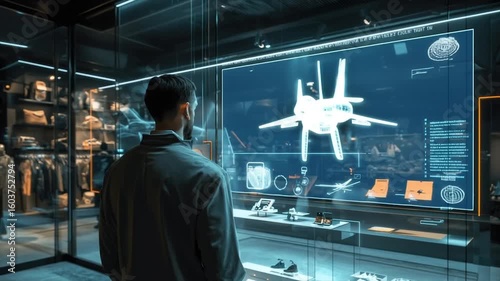 Man viewing futuristic aircraft holographic display in a modern museum