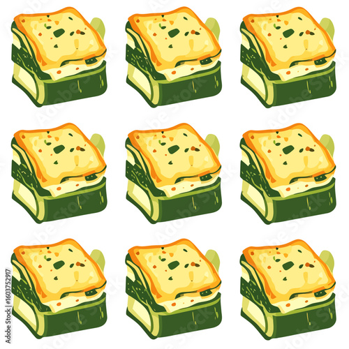 A vibrant, stylized illustration of a layered green spinach lasagna slice with a golden, cheesy top and herb garnish.