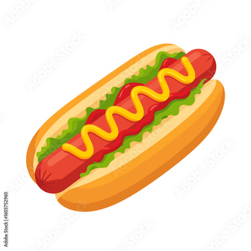 Vector illustration of a classic hot dog with sausage, lettuce, ketchup, and a zigzag of mustard.
