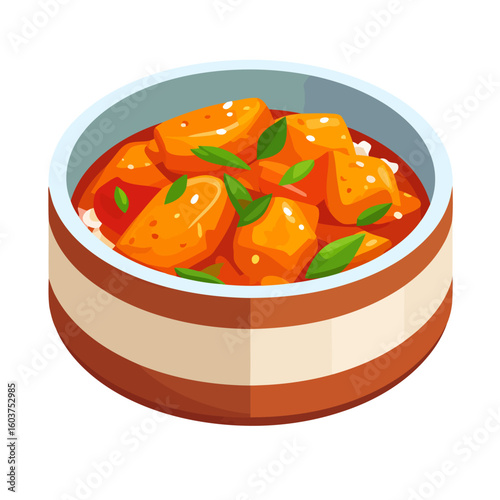 Vibrant bowl of orange cubed stew in a rich red sauce, garnished with fresh green leaves.