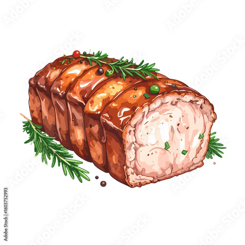 Sliced roasted pork loin roll with a shiny glaze, garnished with fresh rosemary and peppercorns.