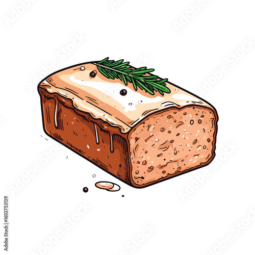 Illustrated savory meatloaf with a creamy glaze, fresh rosemary, and peppercorns.