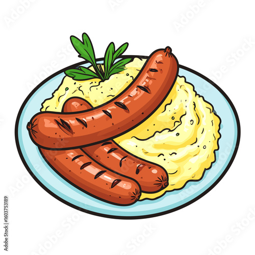 Vibrant cartoon illustration of grilled sausages and mashed potatoes on a blue plate.