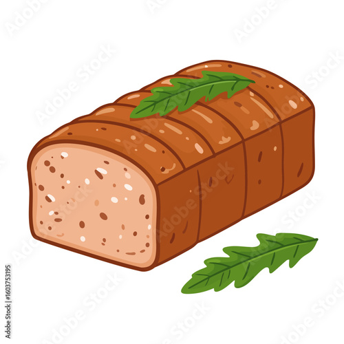 Illustrated savory meatloaf or p?t? loaf, sliced with a brown crust and garnished with fresh green arugula leaves.