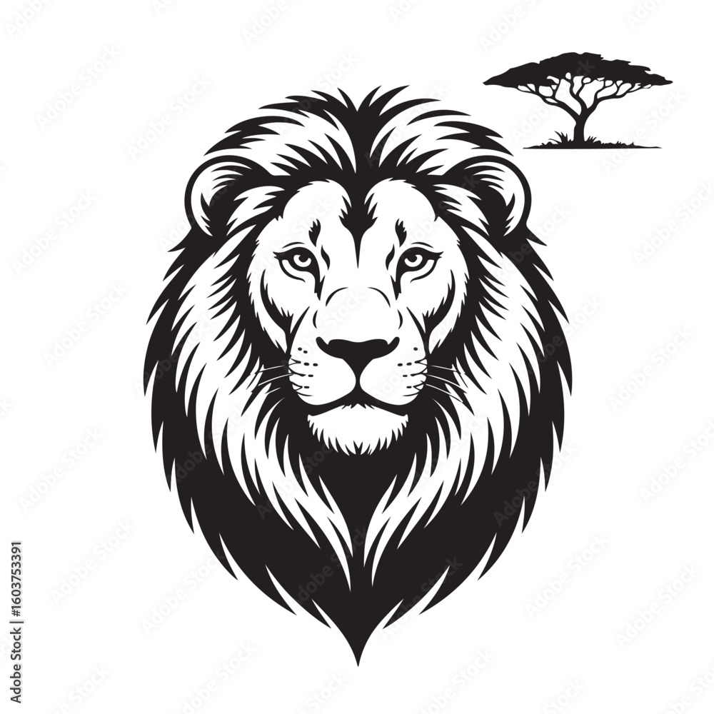 Obraz premium Lion head vector illustration of a wild animal mascot in black and white silhouette style