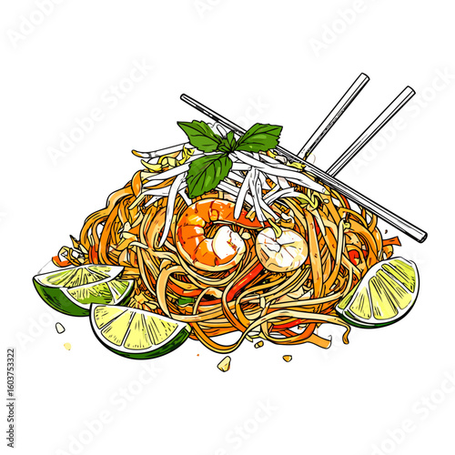 Vibrant hand-drawn illustration of Pad Thai noodles with shrimp, lime, and basil.