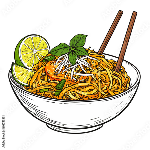 Hand-drawn Pad Thai noodle bowl with shrimp, fresh lime, basil, and chopsticks.