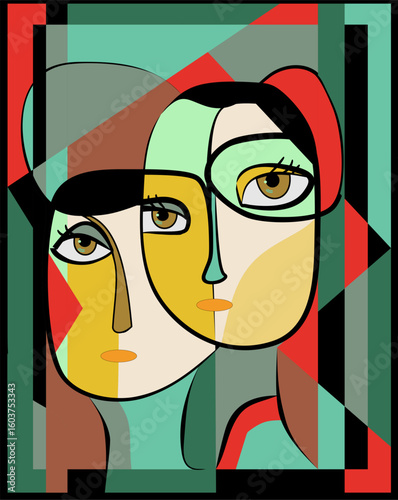 A geometrically stylized portrait is depicted, showcasing two overlapping faces in a cubist manner