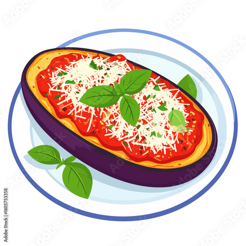 Stuffed eggplant parmigiana with tomato sauce, grated cheese, and fresh basil leaves.