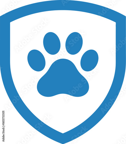 A blue paw print inside a blue shield shape on a white background for pet protection concept art