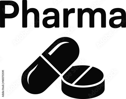 Pharma text with capsule and pill icons symbolizing medicine and healthcare