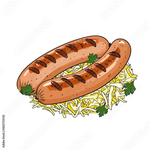 Two grilled bratwurst sausages with char marks, served on a bed of sauerkraut with parsley garnish.