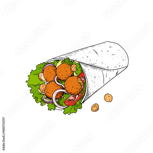 Hand-drawn falafel wrap illustration with fresh lettuce, tomato, onion, and fried chickpea balls in a sketch style.