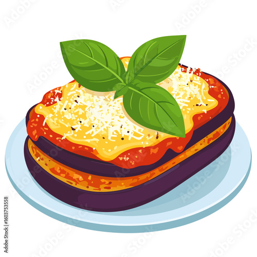 A delicious serving of layered eggplant parmesan with melted cheese, tomato sauce, and a fresh basil garnish.