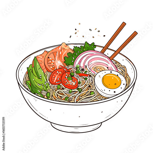 Stylized illustration of a Japanese ramen bowl with salmon, avocado, and a soft-boiled egg.