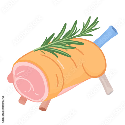 Stylized roasted pork knuckle with crispy skin, exposed bone, and a fresh rosemary sprig.