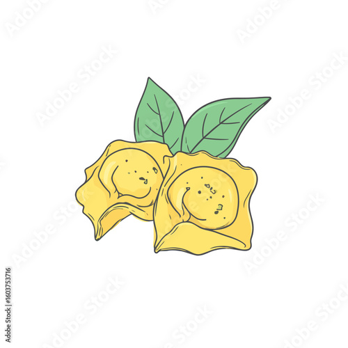 Hand-drawn illustration of two yellow tortellini pasta garnished with fresh green basil leaves.