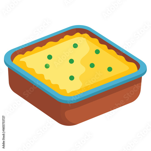 Isometric illustration of a savory casserole in a brown baking dish with a blue rim, topped with creamy yellow mash and green peas.