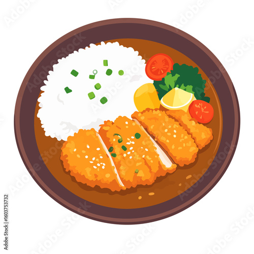 Japanese Katsu Curry dish with sliced fried chicken, steamed rice, and fresh vegetable garnish in a brown bowl.