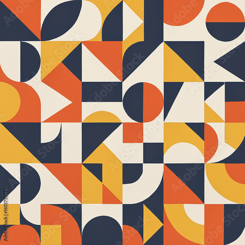 A seamless pattern featuring an intricate arrangement of bold, interlocking geometric shapes. The design incorporates triangles, squares, circles, and semicircles in a dynamic composition, utilizing 