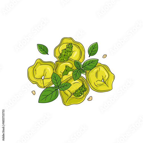 Hand-drawn Italian tortellini pasta with pesto filling, garnished with fresh basil leaves and pine nuts.