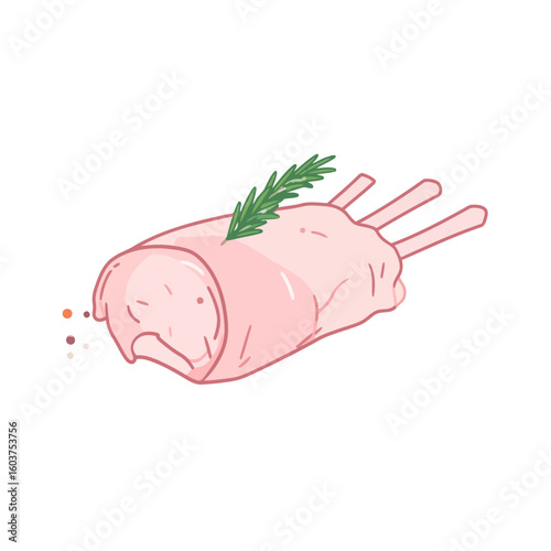 Illustrated raw pork rib roast, seasoned with a fresh rosemary sprig and peppercorns.