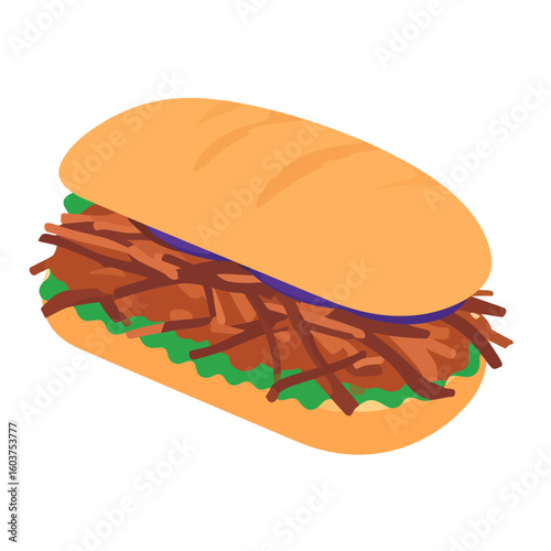 A stylized illustration of a pulled pork sub sandwich with lettuce and purple onion.