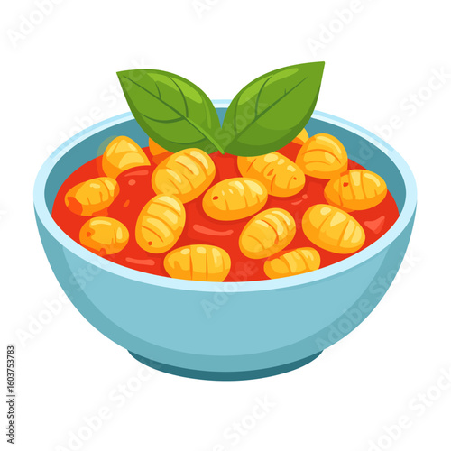 Italian potato gnocchi in a blue bowl with rich tomato sauce and fresh basil garnish.