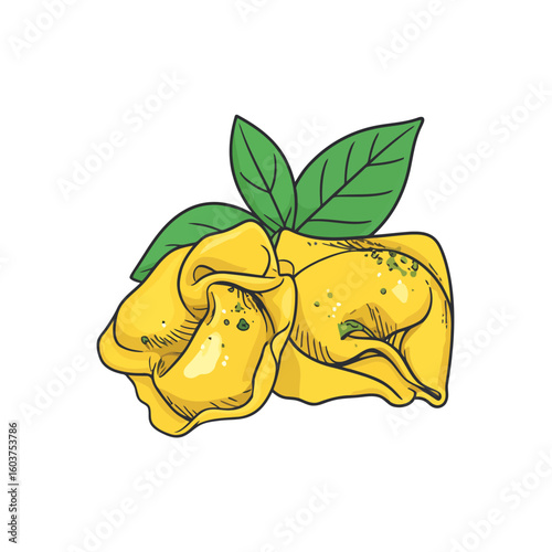 Appetizing hand-drawn tortellini pasta with fresh basil garnish.
