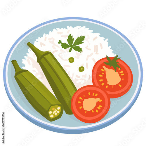 Illustrated plate of rice with fresh green okra, sliced red tomatoes, and parsley garnish.