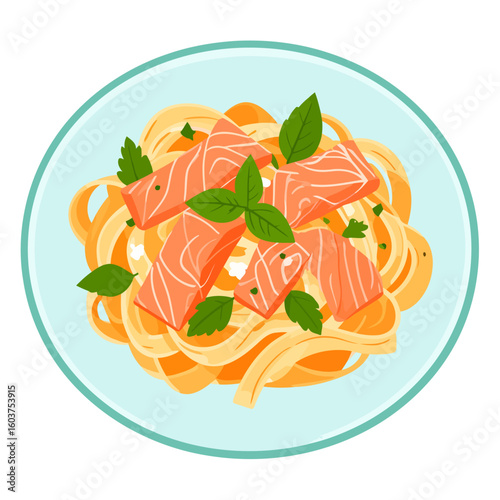 Top-down view of a pasta dish with salmon chunks, fresh basil, and cheese garnish.