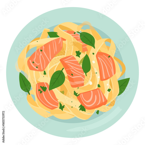 Top-down illustration of a plate of fettuccine pasta with salmon and fresh basil.