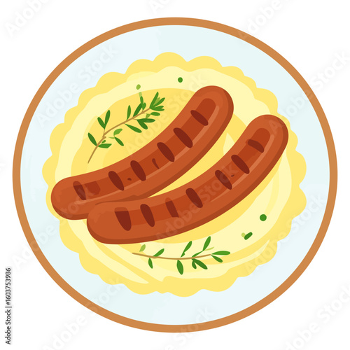 A plate of two grilled sausages on mashed potatoes, garnished with fresh thyme sprigs.