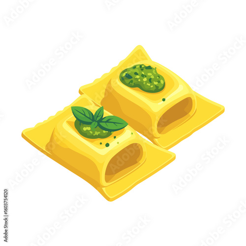 Two fresh Italian ravioli with green pesto sauce and basil leaves in an isometric style.