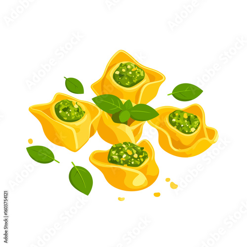 Illustrated tortelloni pasta with a vibrant green pesto filling and fresh basil garnish.