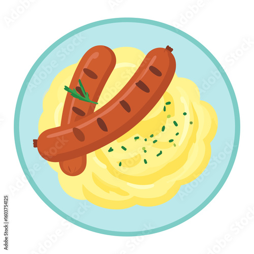 Grilled sausages with rosemary on a bed of creamy mashed potatoes garnished with chives, served on a blue plate.