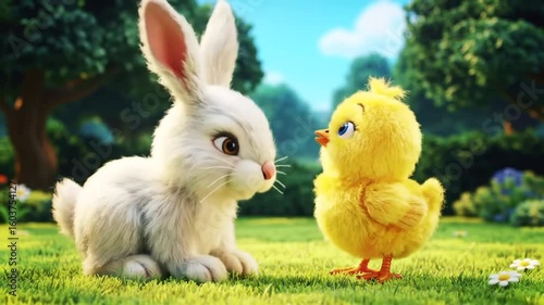 Wallpaper Mural Happy Rabbit and Chick Featuring Friendship in a Springtime Meadow Torontodigital.ca