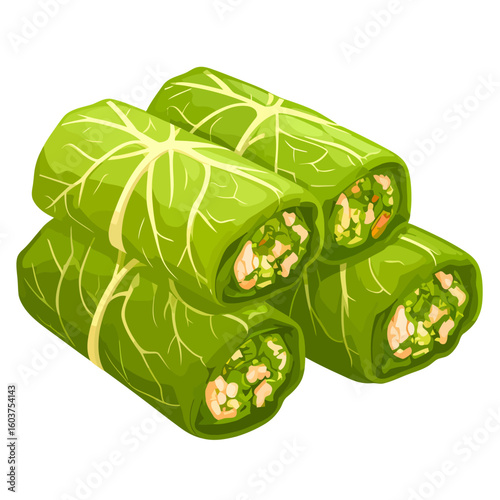 A stack of four delicious stuffed cabbage rolls, wrapped in vibrant green leaves with a visible rice and meat filling.